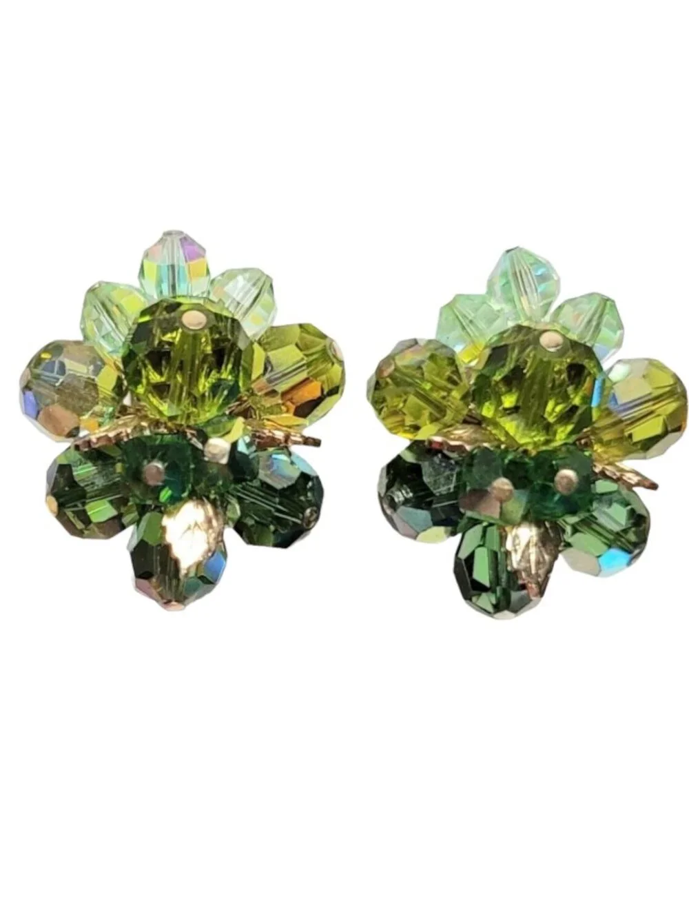 Vendome Gold Tone Green Beaded Faceted Glass Clip On Earrings, Signed